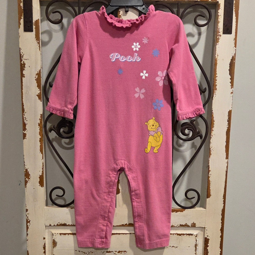 Vintage Disney Baby Girls 24M Winnie The Pooh Romper Pink Floral Ruffle Jumpsuit